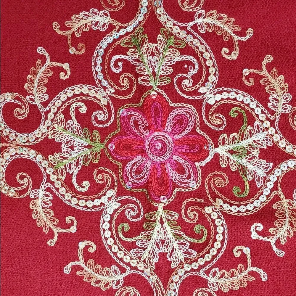 HANDMADE Embroidered Sequined Designed Deep Burgundy Shawl